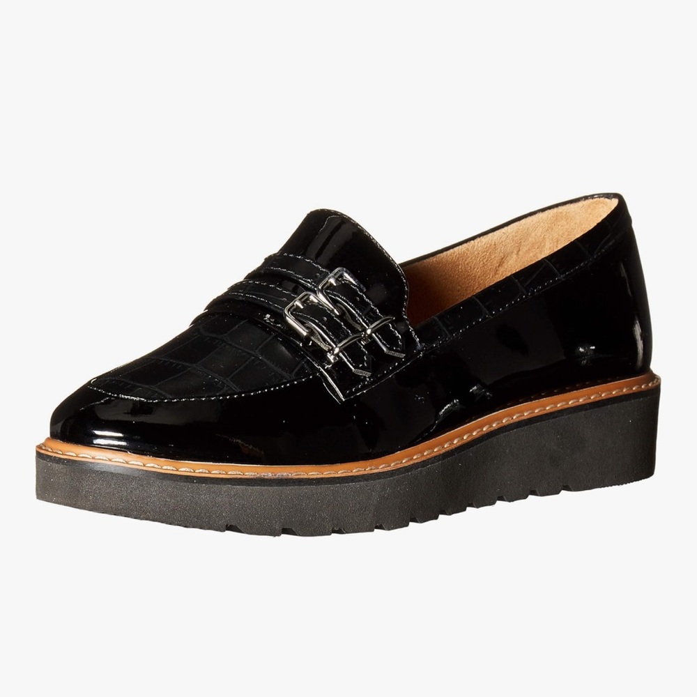 Naturalizer Black Patent Croc-Texture Loafer with Buckle Detail